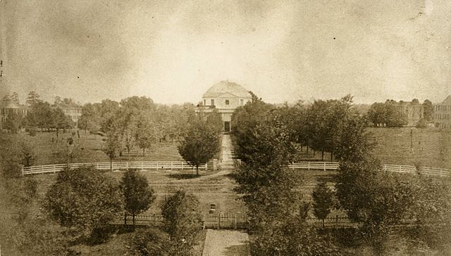 The campus of the University of Alabama in 1859. View of the Quad, with the Rotunda at center and dormitories in the background. All of these buildings were destroyed by the Union army 