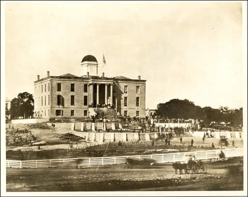 Stone capitol in the City of Austin 1875 during funeral of Governor Andrew Jackson