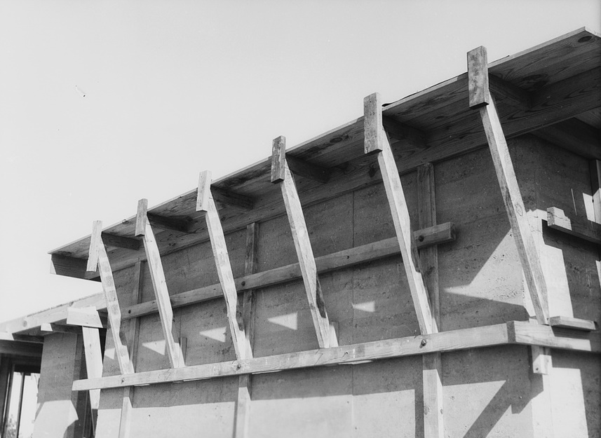 Rammed earth construction near Birmingham, Alabama. Concrete slate roofs may be used in place of wood decks