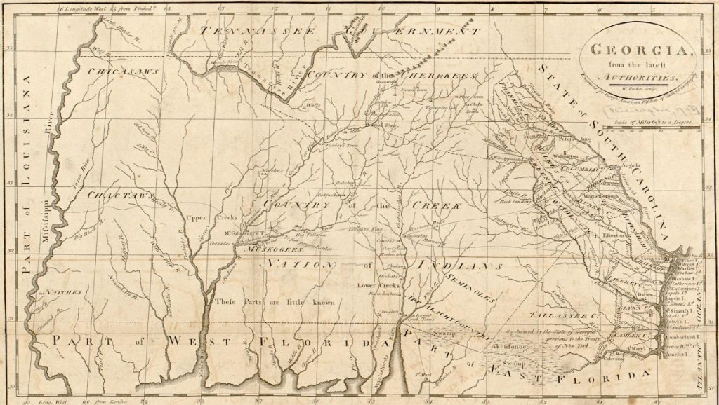 1795 map by William Barker (Library of Congress) shows Native American territory in the center and Mississippi River far left