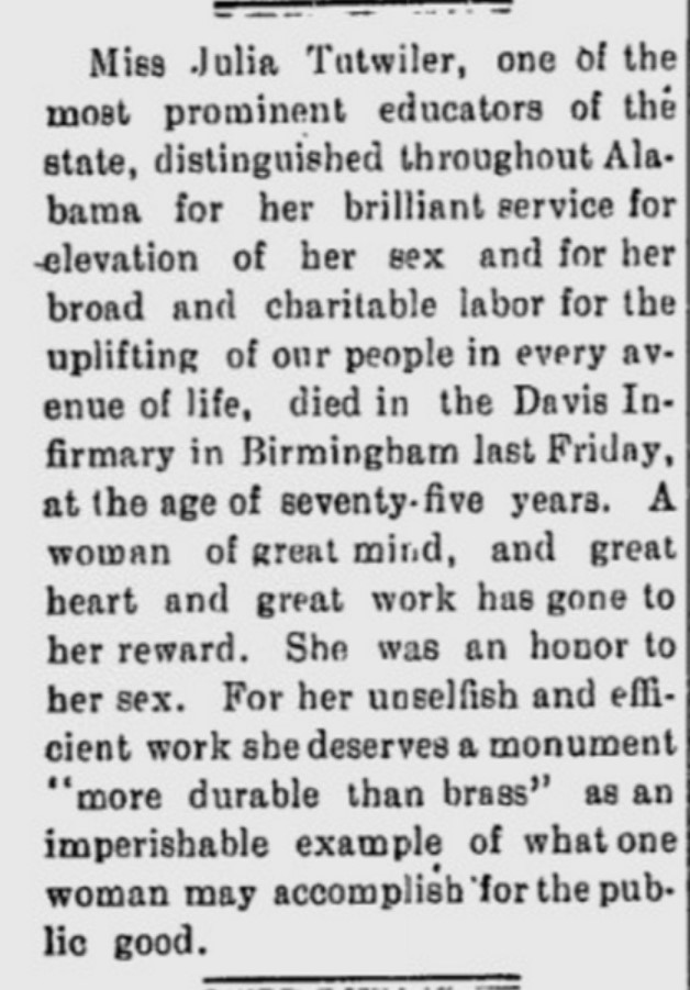 Tutwiler, Julia - death notice in Florence Times