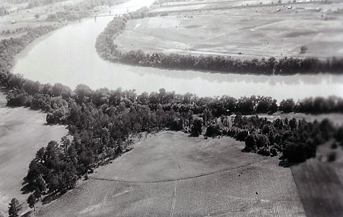 Site of ancient an Coosa village at the edge of a river in Alabama. Note on back - field to right site of ancient Coosa village (ADAH)