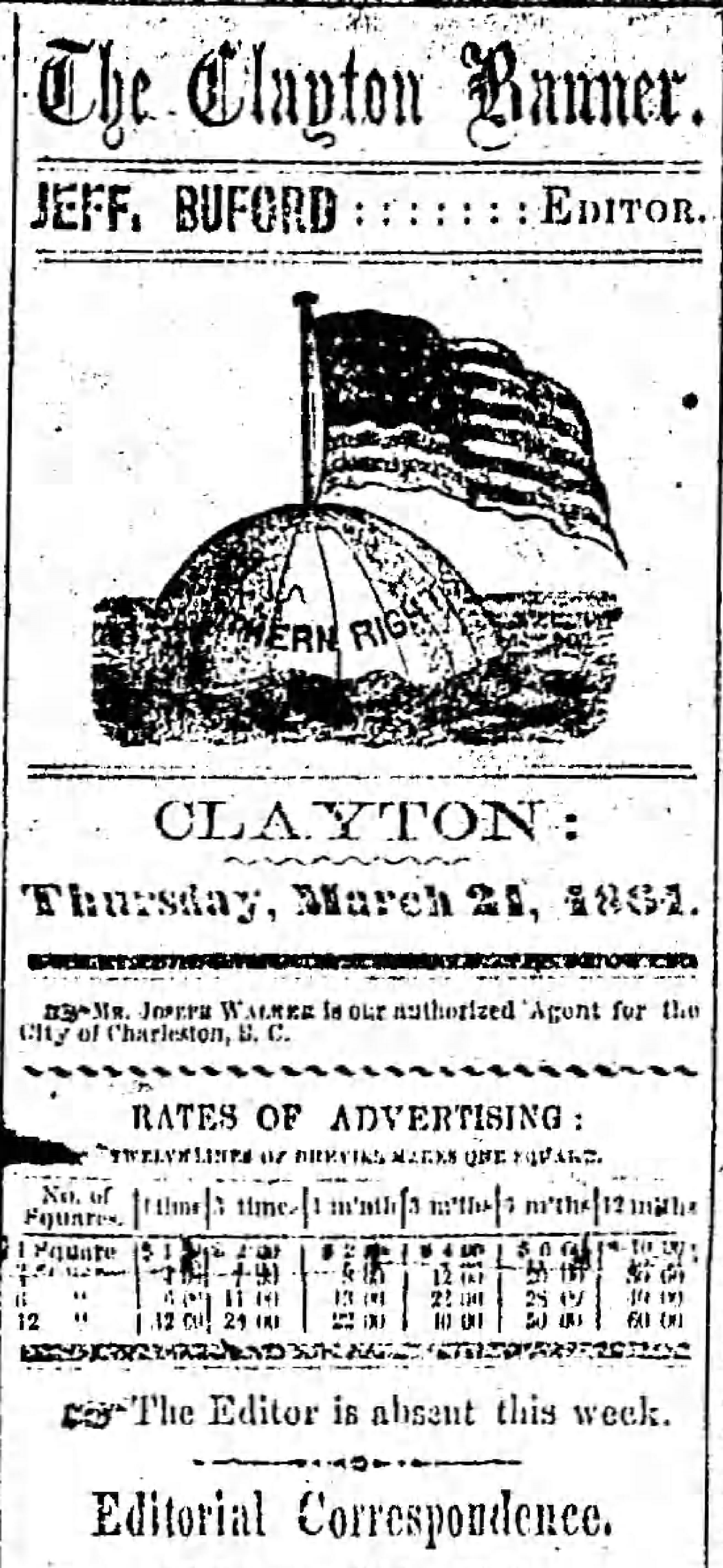 PATRON – Preparing for the War Between the States, deaths, and a divorce occurred in Clayton, Alabama March 1861