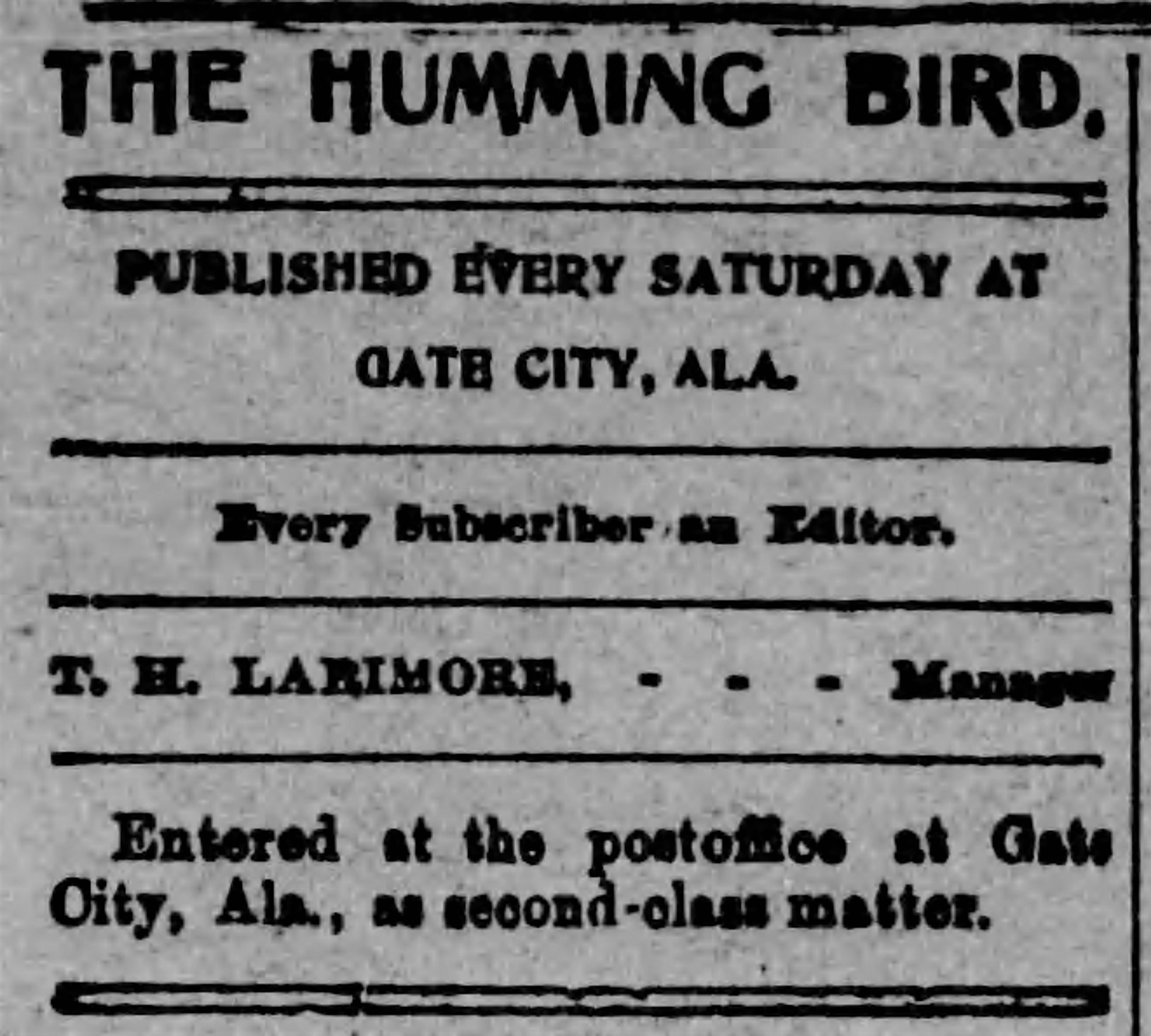 PATRON - Gate City, Alabama – December 1, 1900 – Water Co. working to get water to Woodlawn, Read and Martin wed.