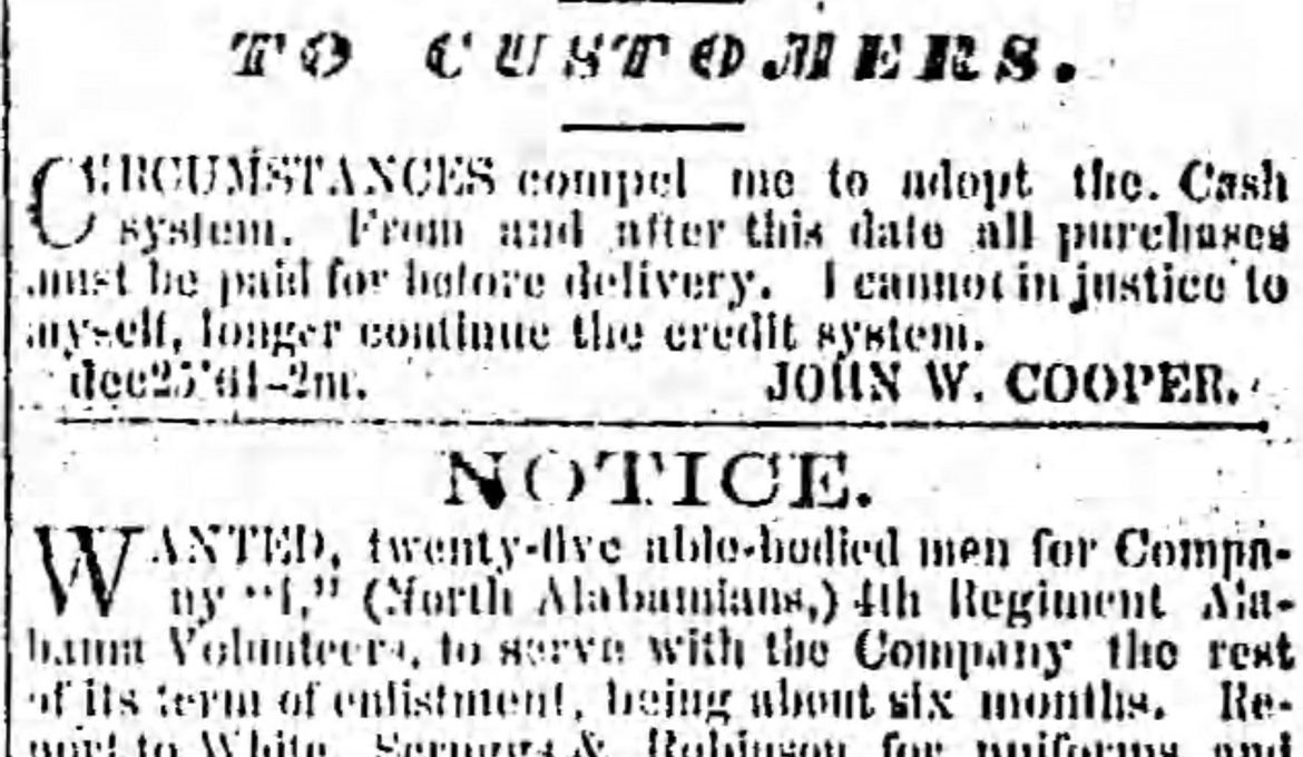 PATRON – News of Sale of Slaves, deaths and Sheriffs sale in Huntsville, Feb. 19, 1862