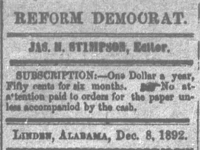 PATRON – Names of Judges, personal names in the news and fires are reported in Linden, Alabama in 1892