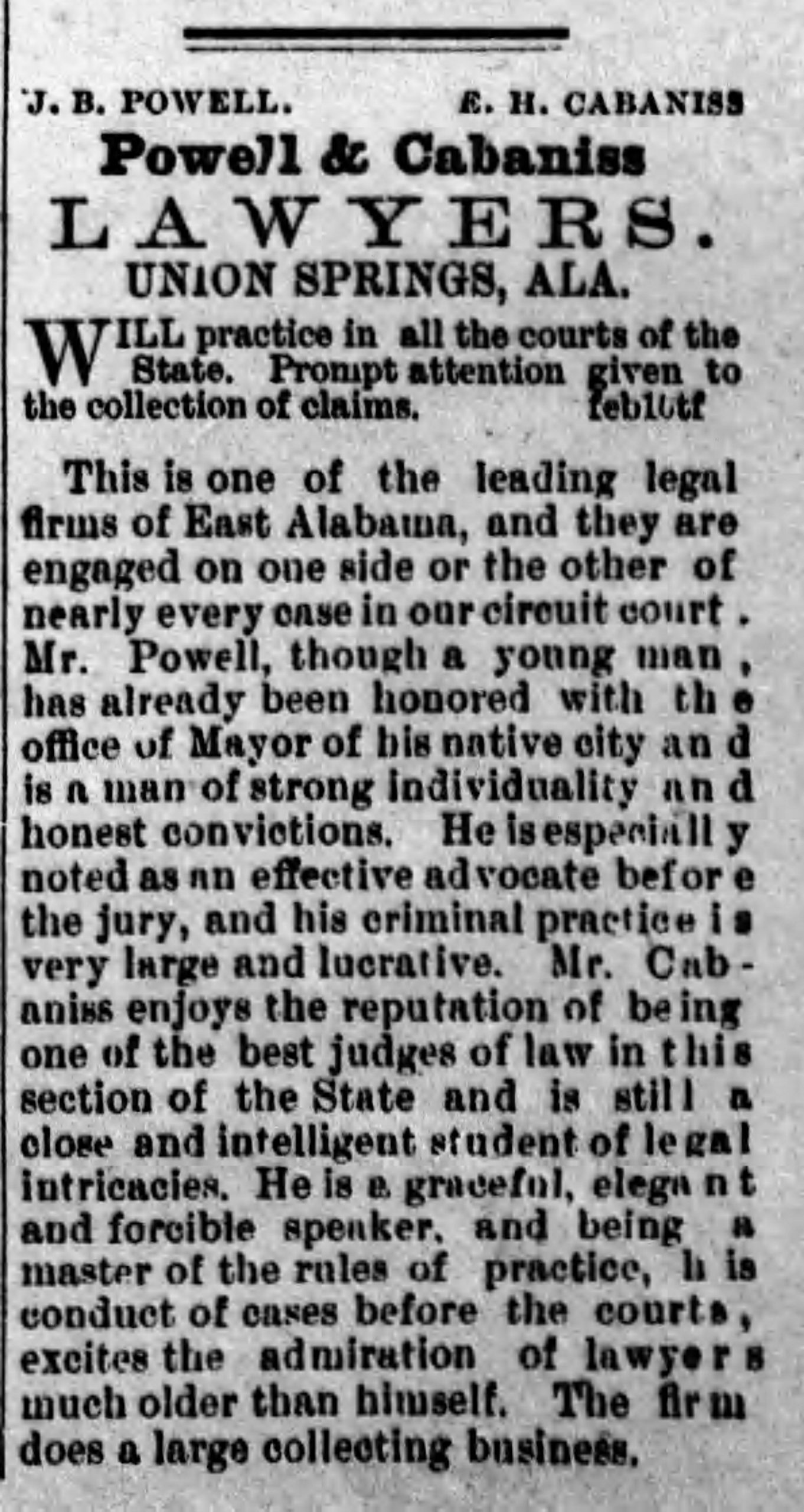 PATRON + Some of the founders of Union Springs, Alabama written in 1883