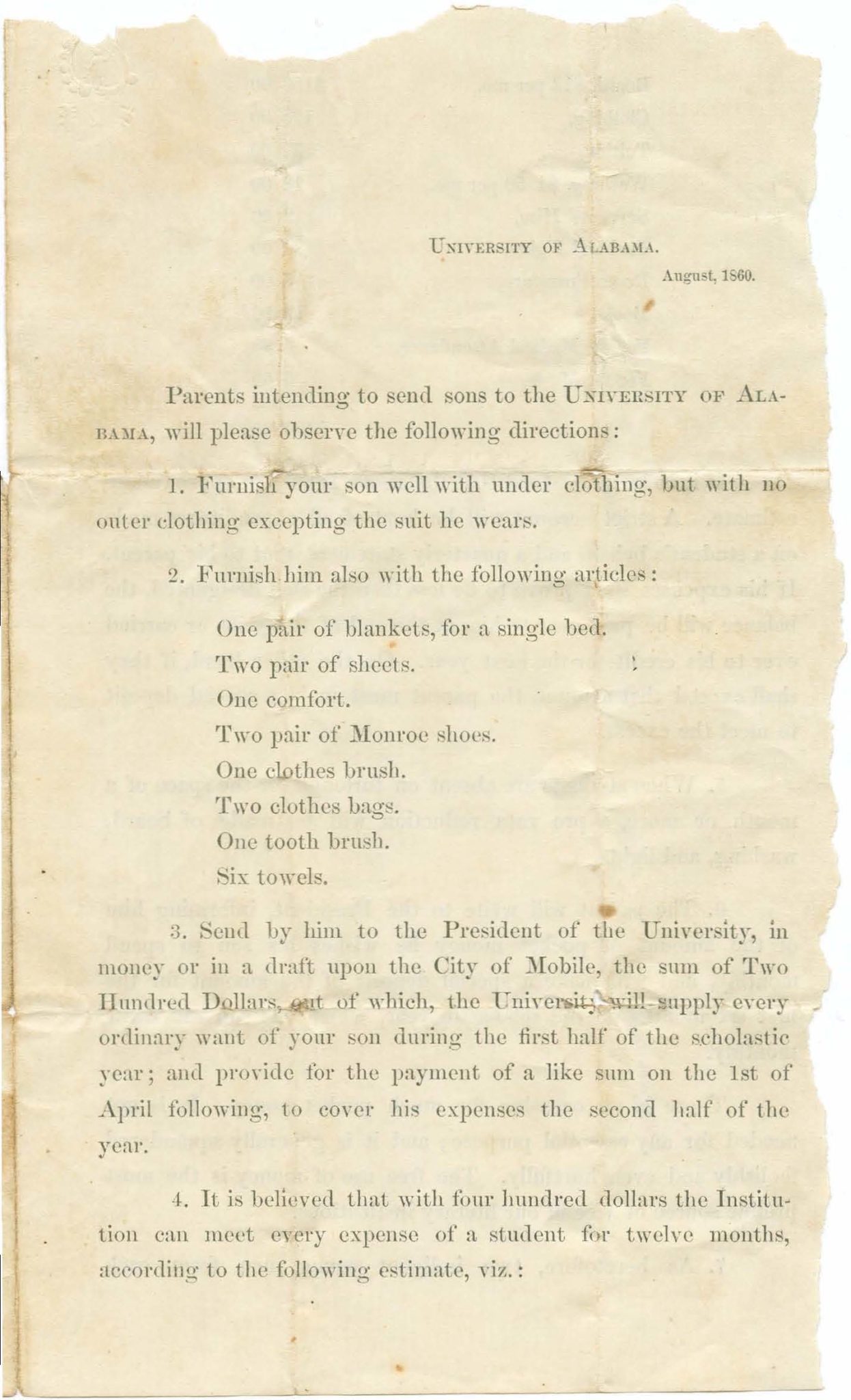 Instructions to parents sending their sons to the University of Alabama